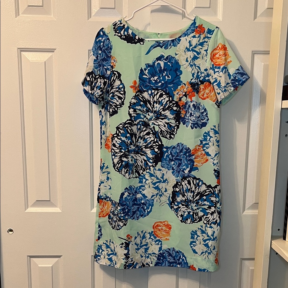 J Crew Blue Orange Floral Print Mint Green Shift‎ Dress Short Sleeve Size 6